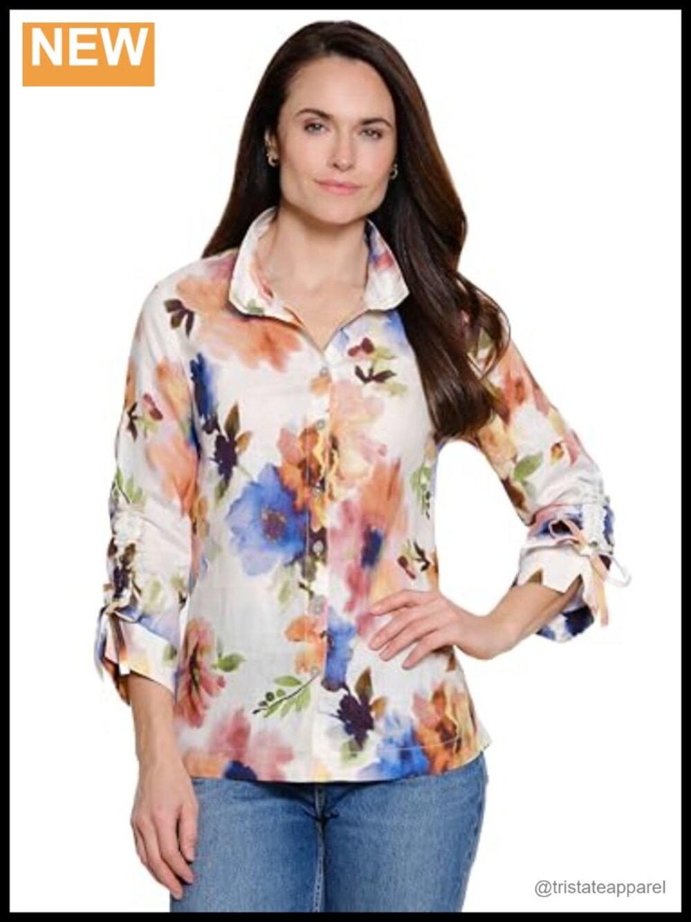 100% Linen Woven Floral Cinch Tie Sleeve Blouse Wire Collar